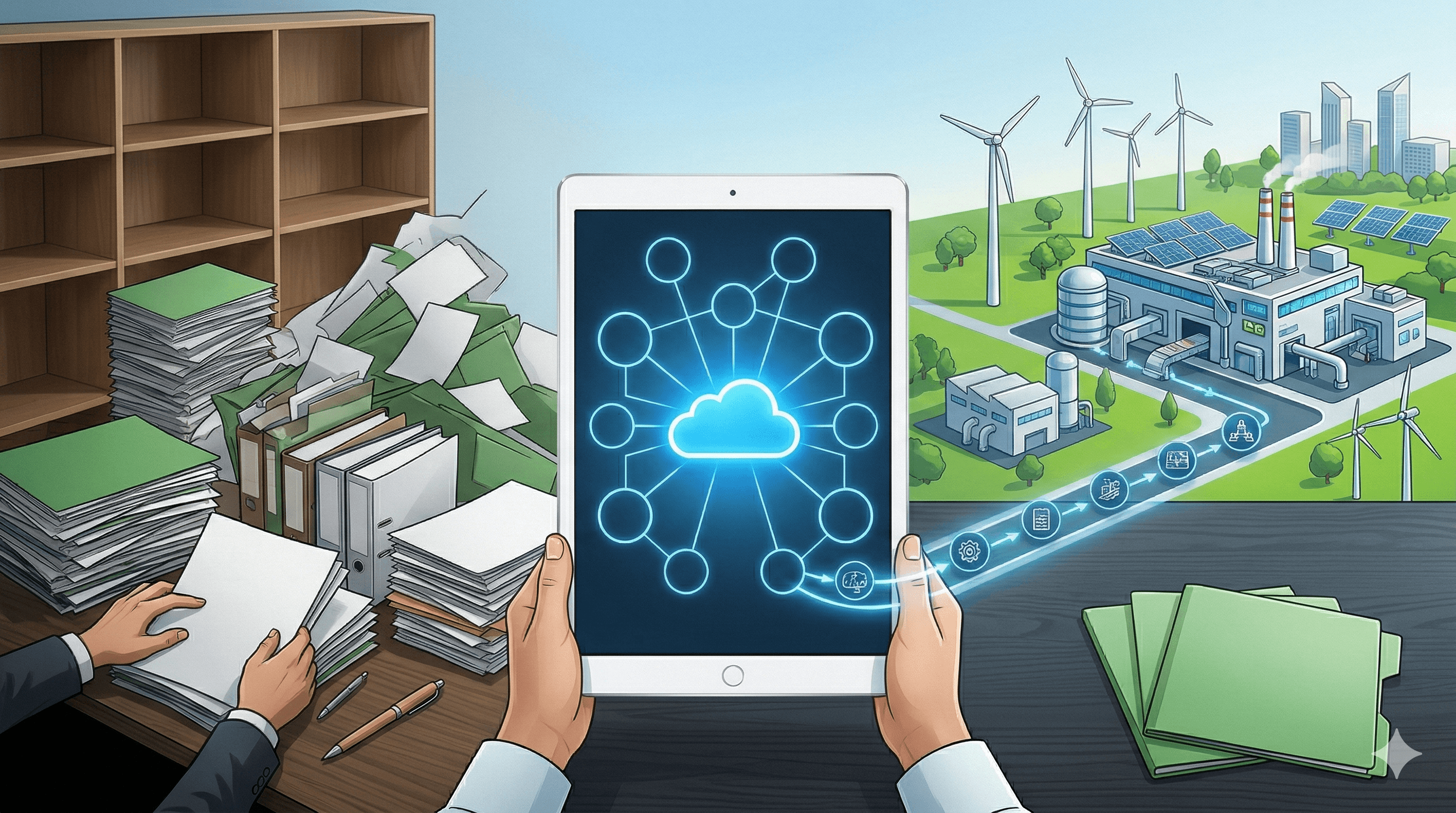 Aghtia webinar key insights A banner illustration contrasting a cluttered, dimly lit office filled with overflowing paper files and stacks of old binders on the left, with a clean, brightly lit modern landscape on the right featuring wind turbines, solar panels, a clean factory, and a large glowing tablet displaying interconnected cloud and data network icons.